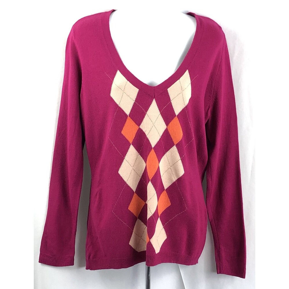 Vintage Sweater L Magenta Argyle V-Neck LongSleeve Embellished Academia Preppy